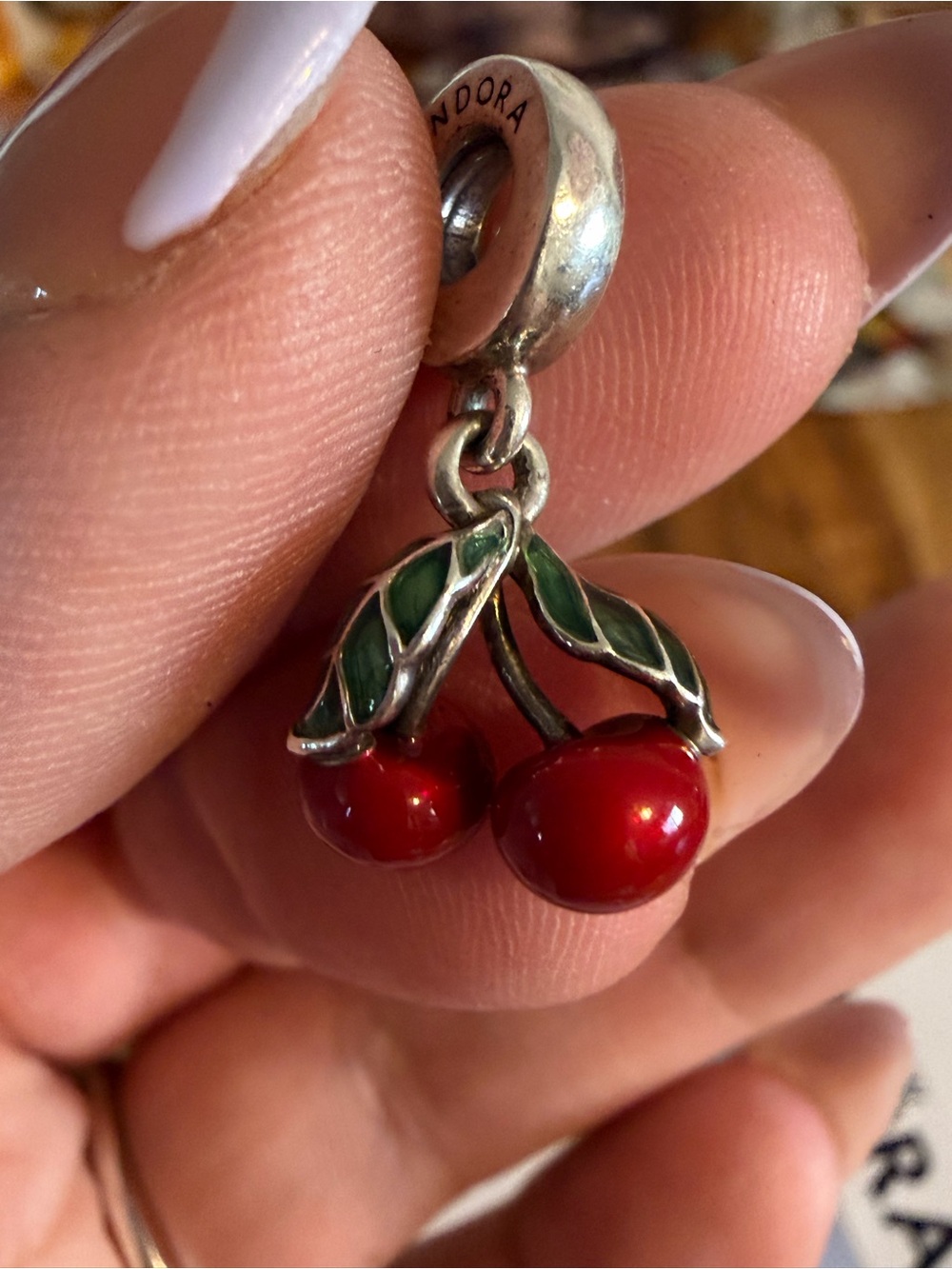 Pandora Red Cherry Enamel Dangle Charm with Green Leaves